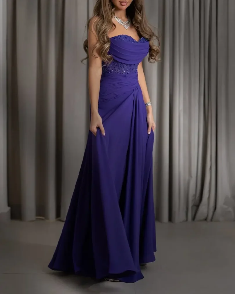 customized Sleeveless Sweetheart Prom Dresses Vestidos De Fiesta Party Gowns Pleated Beadings Floor Length Evening Dresses