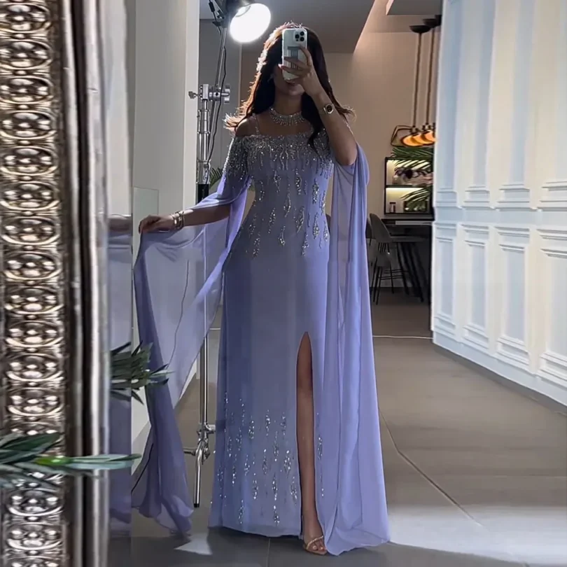 Saudi Arabia Mermaid Prom Dresses lilac Mermaid Cap Sleeve High Split Beaded Luxury Evening Dresses Women Wedding Party Gowns