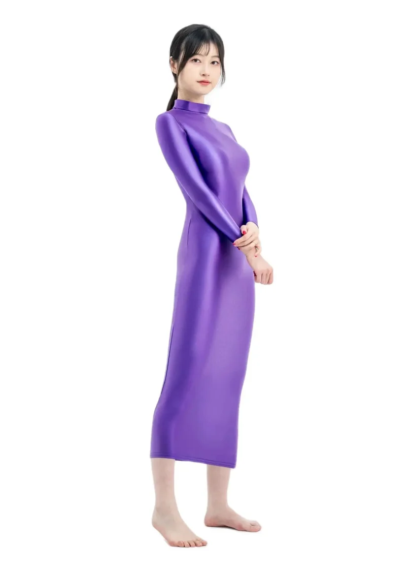 XCKNY glossiness series long dress elastic slip glossy tight skirt high neck long sleeve longuette smooth casual skirt - Image 5