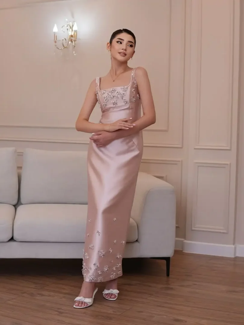 customized Pink Straight Sleeveless Prom Dresses Square Party Pleated Beadings Evening Dresses Ankle Length Party Dresses ( - Image 3