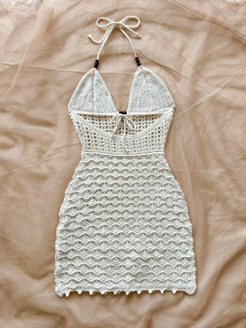 Soleia Summer Sexy V-Neck Hollow-Out Wooden Beads Fitted Dress, Vacation Spaghetti Strap Backless Ombre Knitted Dress, Suitable - Image 2