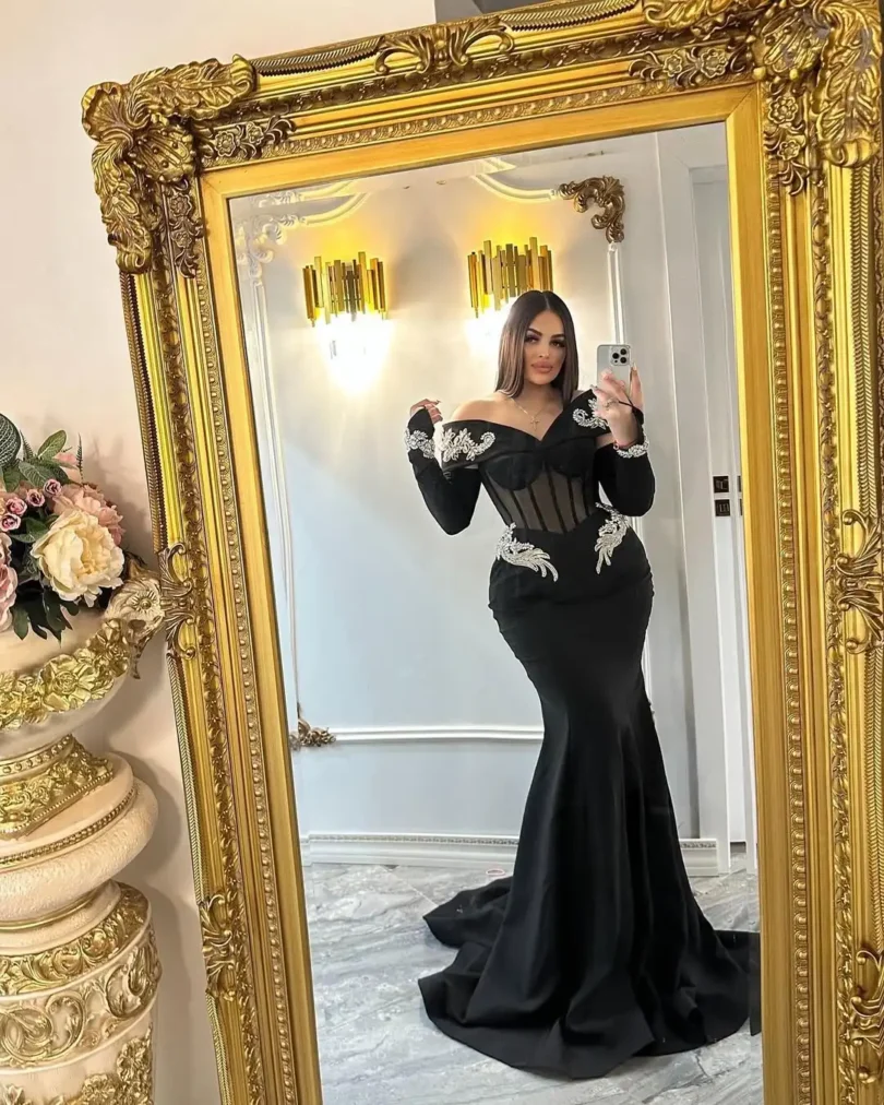 customized Black 3D Flowers Evening Dresses Floor Length Prom Dresses Vestidos De Noches Formal Women Party Gowns - Image 3