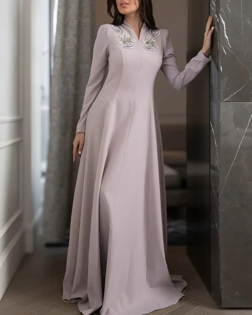 customized Long Sleeevs Prom Dresses V Neck Pleated Beadings Floor Length Vestidos De Fiesta Celebrity Evening Dresses - Image 4