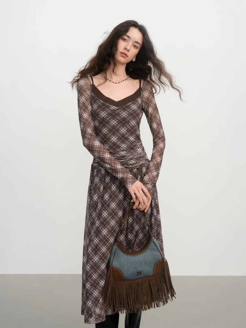 FSLE Elegant Women's Vintage Plaid Pleated Faux Two Piece Slimming Fitted Dress for Winter 2025 New High Waist Travel Dresses - Image 2