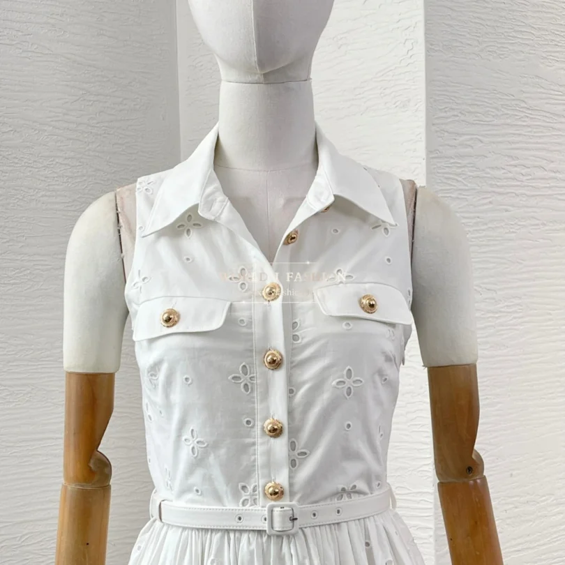 White Sleeveless Embroidery Midi Dress 2025 Top Quality - Image 5
