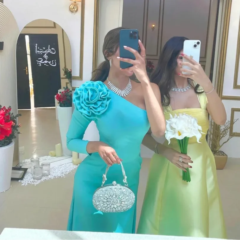 One Shoulder Crepe Evening Dresses With Flower Sheath Blue Middle Party Gowns Ankle Length Prom Dress for Women - Image 3