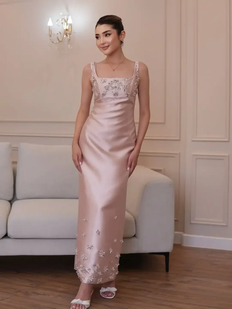 customized Pink Straight Sleeveless Prom Dresses Square Party Pleated Beadings Evening Dresses Ankle Length Party Dresses ( - Image 4