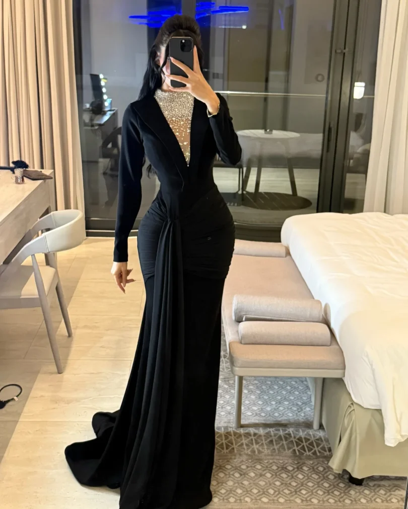 customized Prom Dresses Long Sleeve Sweep Length Pleated Beads Formal Temperament Evening Dresses Zipper Back Party Gowns