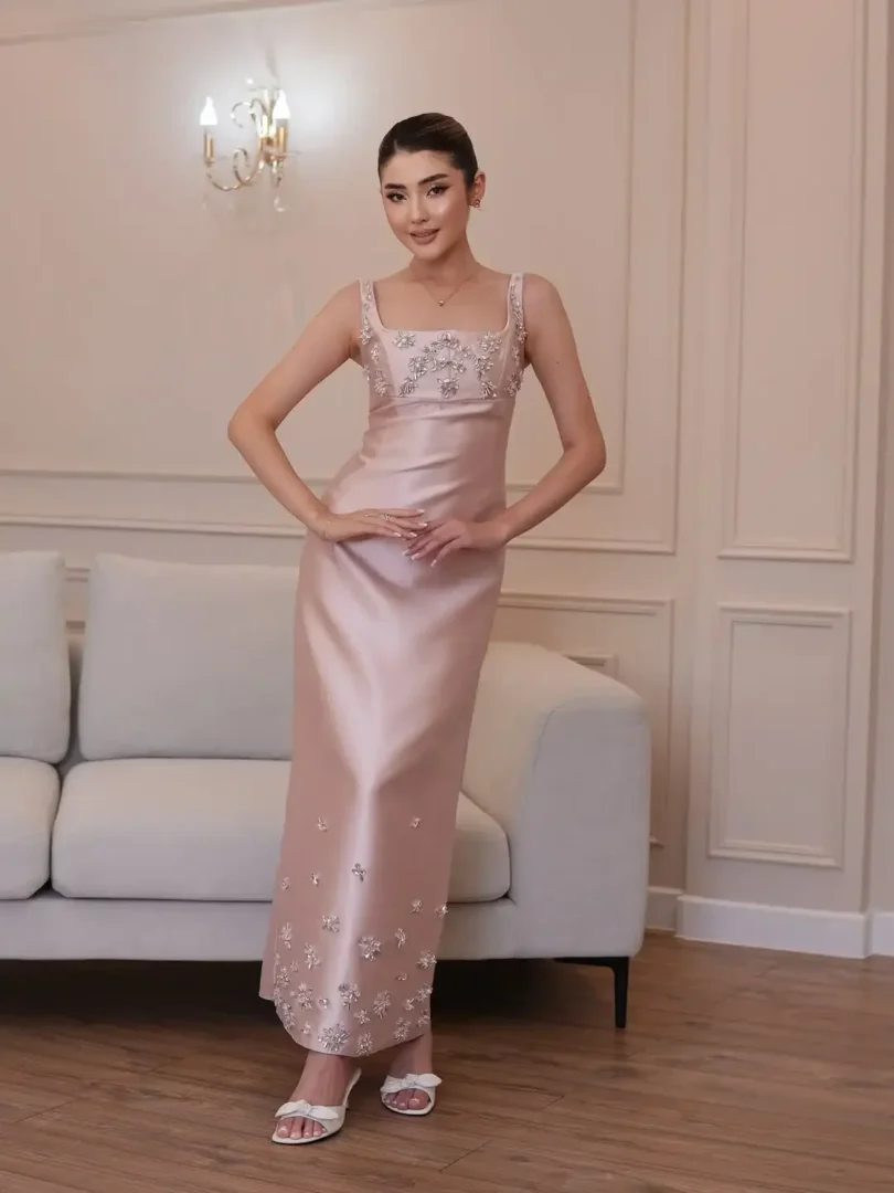 customized Pink Straight Sleeveless Prom Dresses Square Party Pleated Beadings Evening Dresses Ankle Length Party Dresses ( - Image 2