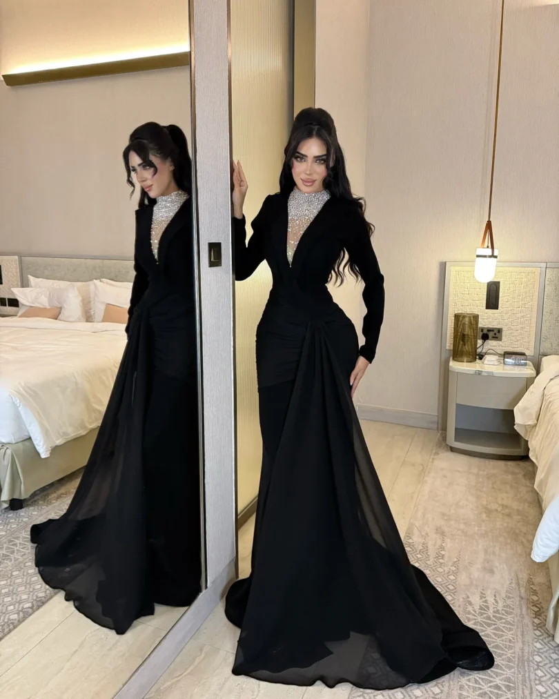 customized Prom Dresses Long Sleeve Sweep Length Pleated Beads Formal Temperament Evening Dresses Zipper Back Party Gowns - Image 4