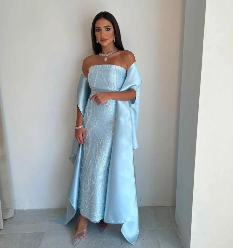 Saudi Arabia Long Sleeves Formal Women Prom Dresses V Neck Beadings Floor Length Slit Sky Blue Evening Gowns Wedding Party Dress - Image 3