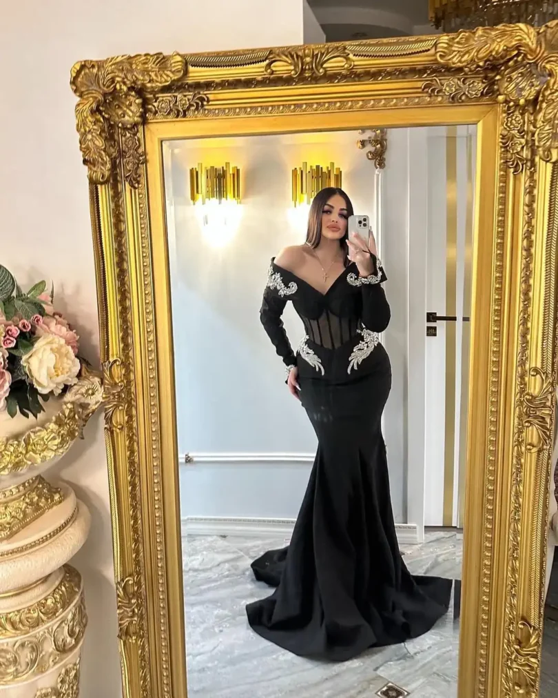 customized Black 3D Flowers Evening Dresses Floor Length Prom Dresses Vestidos De Noches Formal Women Party Gowns - Image 5