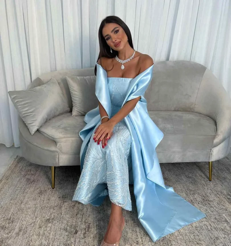 Saudi Arabia Long Sleeves Formal Women Prom Dresses V Neck Beadings Floor Length Slit Sky Blue Evening Gowns Wedding Party Dress - Image 2