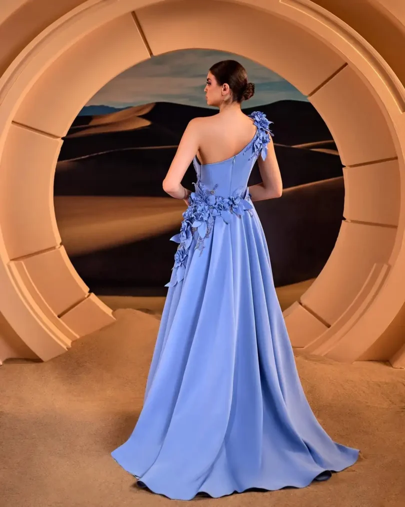 customized One Sleeves Prom Dresses Blue Muslim Evening Dresses Floor Length Sweep Train Robe De Soiree Formal Party Dress - Image 2