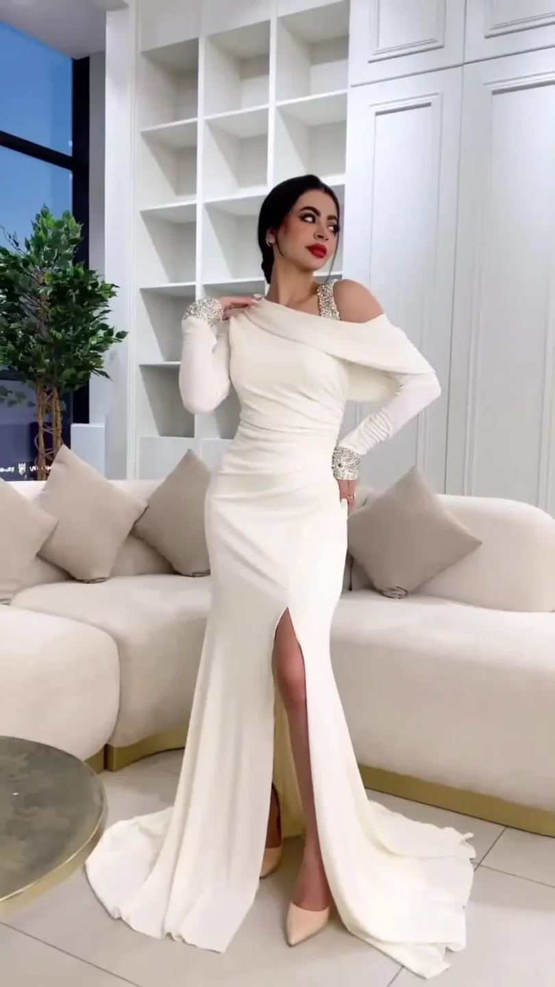 customized Celebrity White Mermaid Prom Gowns Women's Turtleneck Party Evening Dress Floor Length Special Occasion Dresses - Image 2