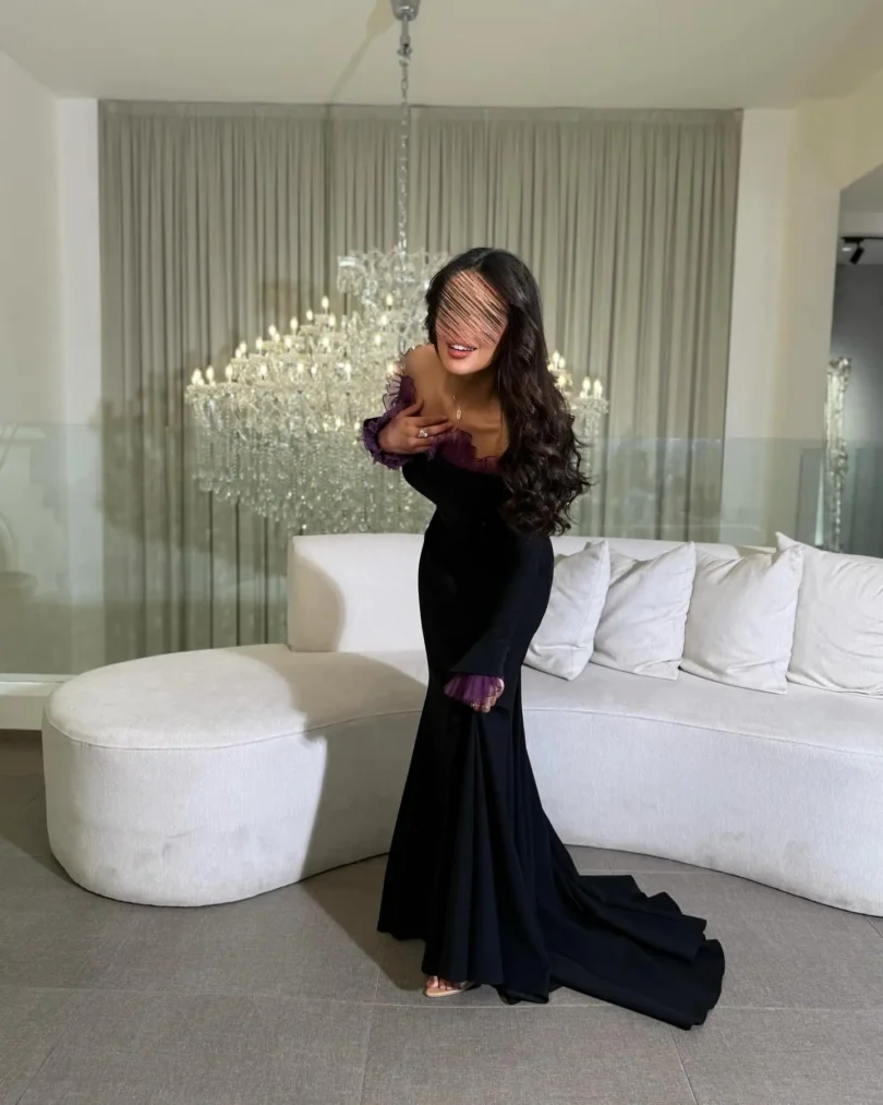 customized Long Sleeves Prom Dresses Birthday Party Dress Slit Black Small Round Flowers Neck Women Formal Evening Dresses - Image 5