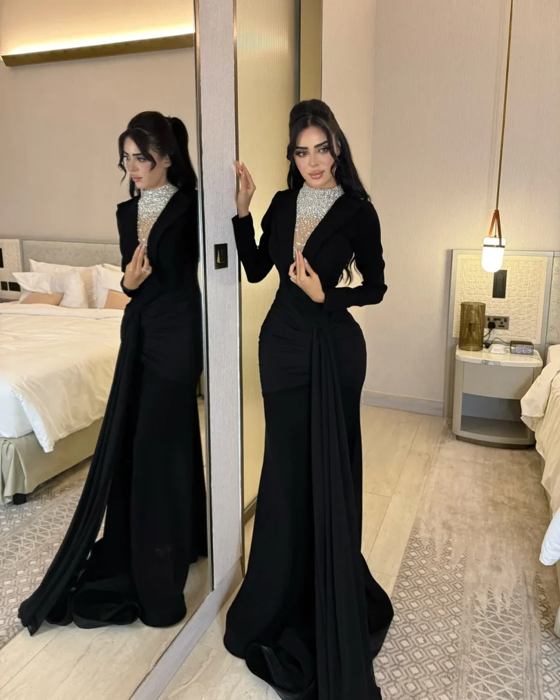 customized Prom Dresses Long Sleeve Sweep Length Pleated Beads Formal Temperament Evening Dresses Zipper Back Party Gowns - Image 3