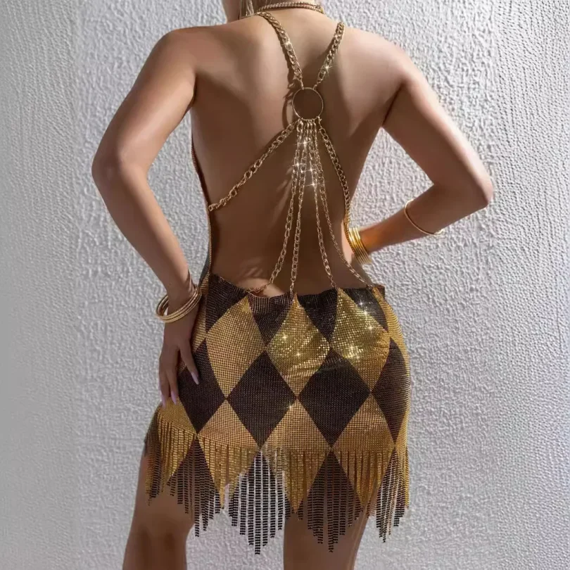 Sexy Metal Splice Backless Fashion Women's Dress Mini Skirt V-neck Sleeveless L22593 Cross-border Summer New Arrival - Image 3