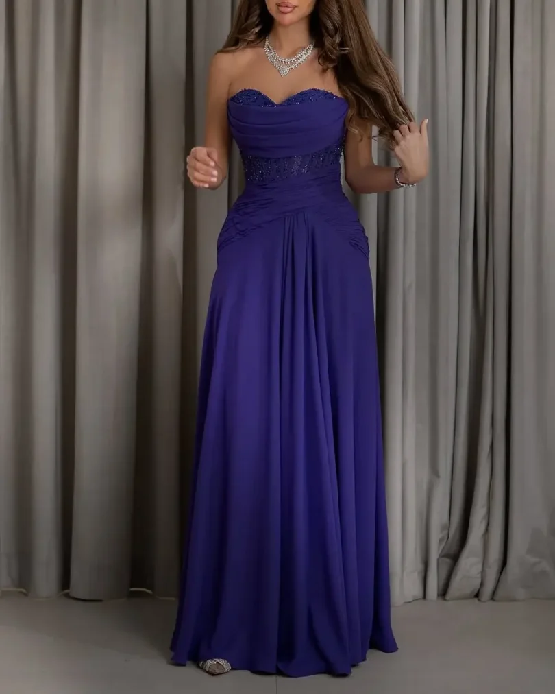 customized Sleeveless Sweetheart Prom Dresses Vestidos De Fiesta Party Gowns Pleated Beadings Floor Length Evening Dresses - Image 4