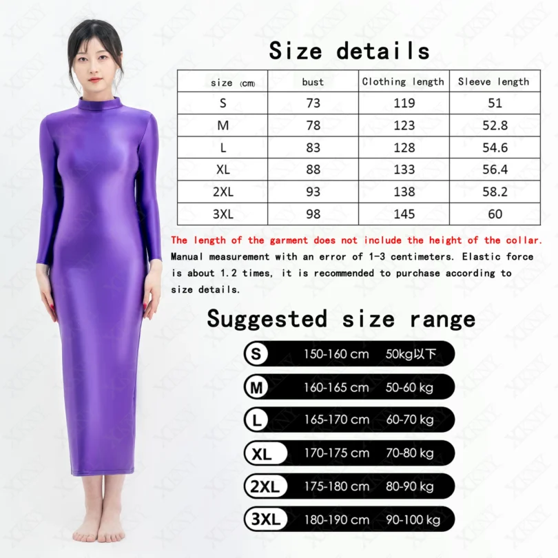 XCKNY glossiness series long dress elastic slip glossy tight skirt high neck long sleeve longuette smooth casual skirt - Image 2