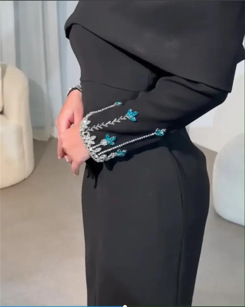 customized Strapless Evening Dresses Long Sleeves Prom Dresses Pleated Beadings Ankle Length Back Zipper Party Dresses