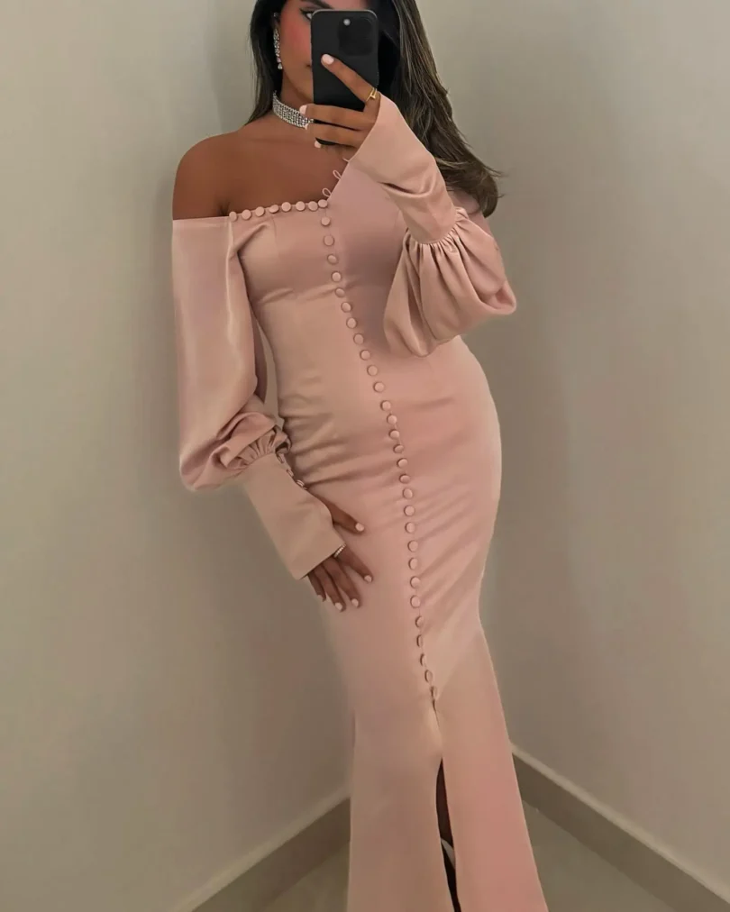 customized Prom Dresses Birthday Dubai Saudi Arabic Pink long Sleeve Evening Gown Floor Length Formal women Occasion Party Dress