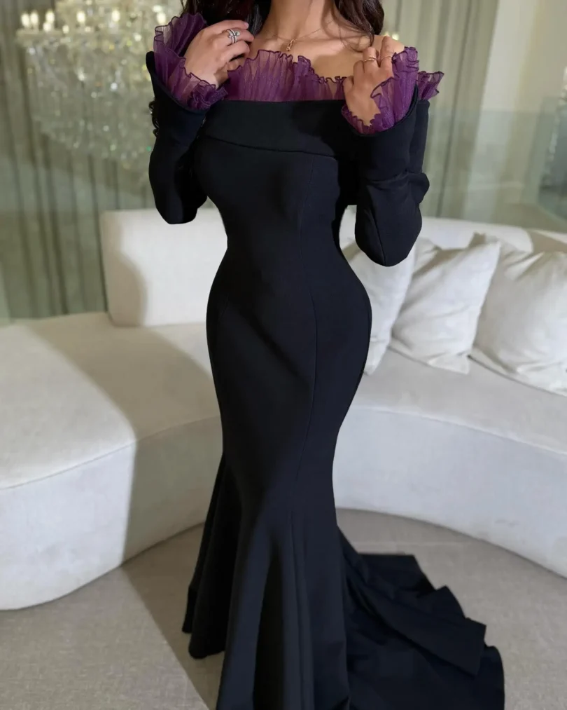customized Long Sleeves Prom Dresses Birthday Party Dress Slit Black Small Round Flowers Neck Women Formal Evening Dresses - Image 2