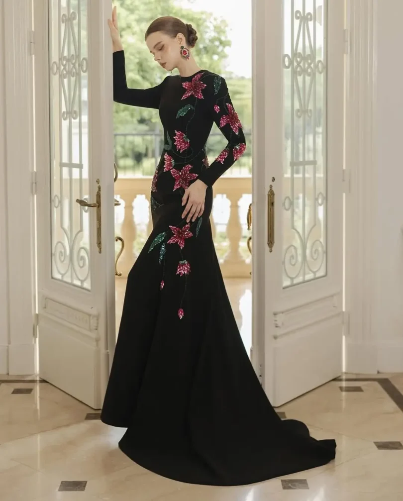 customized Long Sleeves Black Prom Dresses Birthday Dubai Saudi Arabic Evening Gowns Floor Length Formal Party Dress
