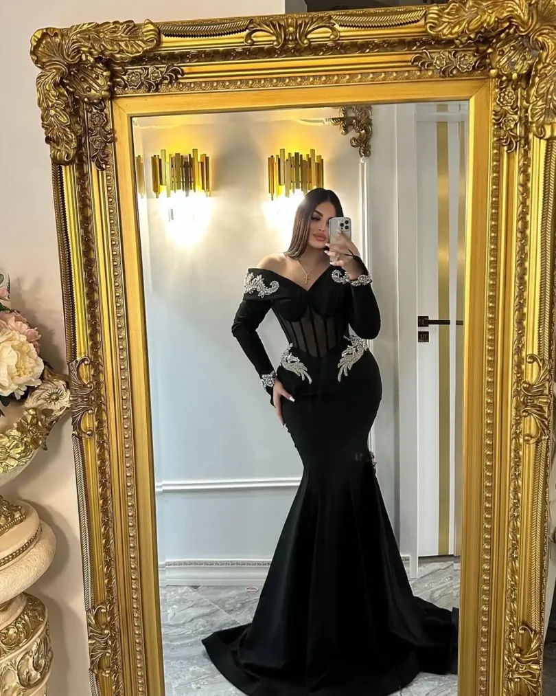 customized Black 3D Flowers Evening Dresses Floor Length Prom Dresses Vestidos De Noches Formal Women Party Gowns