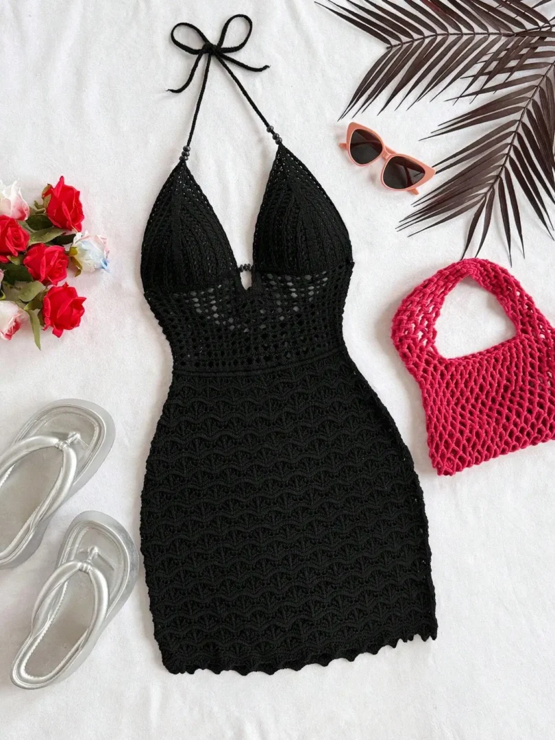 Soleia Summer Sexy V-Neck Hollow-Out Wooden Beads Fitted Dress, Vacation Spaghetti Strap Backless Ombre Knitted Dress, Suitable - Image 3