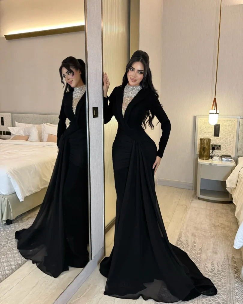 customized Prom Dresses Long Sleeve Sweep Length Pleated Beads Formal Temperament Evening Dresses Zipper Back Party Gowns - Image 2