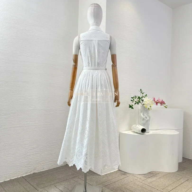 White Sleeveless Embroidery Midi Dress 2025 Top Quality - Image 3