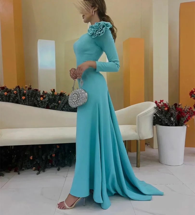 One Shoulder Crepe Evening Dresses With Flower Sheath Blue Middle Party Gowns Ankle Length Prom Dress for Women