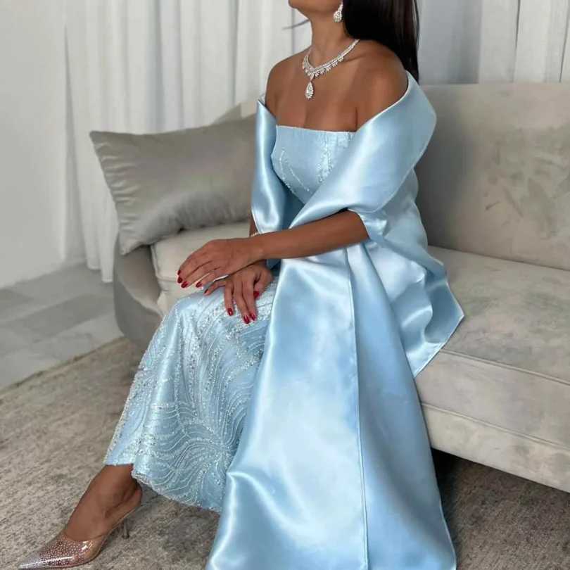 Saudi Arabia Long Sleeves Formal Women Prom Dresses V Neck Beadings Floor Length Slit Sky Blue Evening Gowns Wedding Party Dress - Image 4