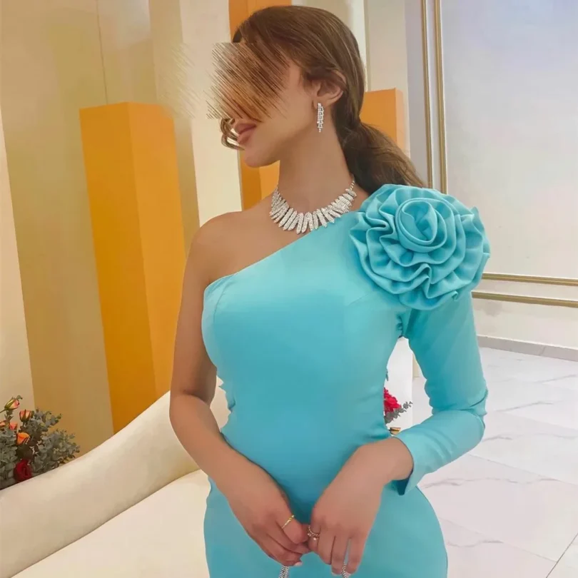 One Shoulder Crepe Evening Dresses With Flower Sheath Blue Middle Party Gowns Ankle Length Prom Dress for Women - Image 2