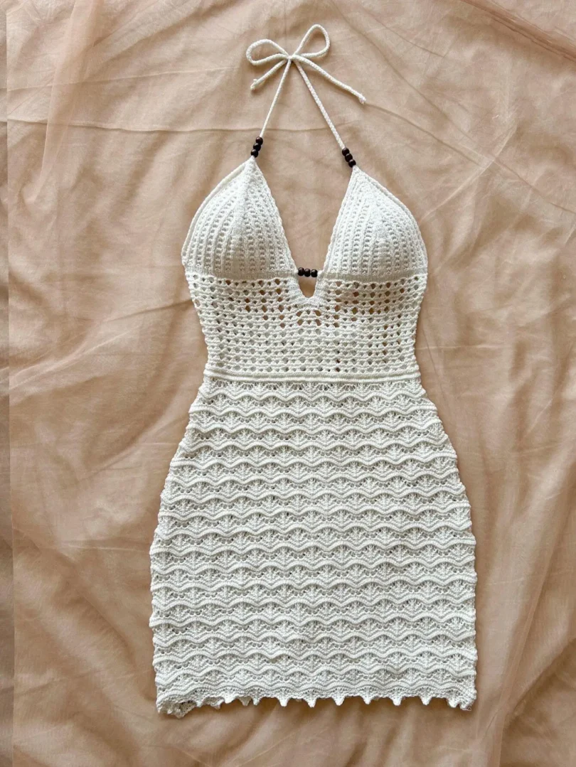 Soleia Summer Sexy V-Neck Hollow-Out Wooden Beads Fitted Dress, Vacation Spaghetti Strap Backless Ombre Knitted Dress, Suitable - Image 4