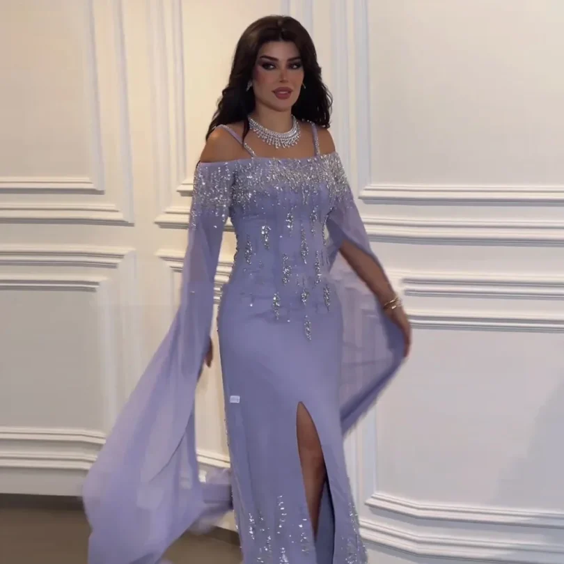 Saudi Arabia Mermaid Prom Dresses lilac Mermaid Cap Sleeve High Split Beaded Luxury Evening Dresses Women Wedding Party Gowns - Image 3