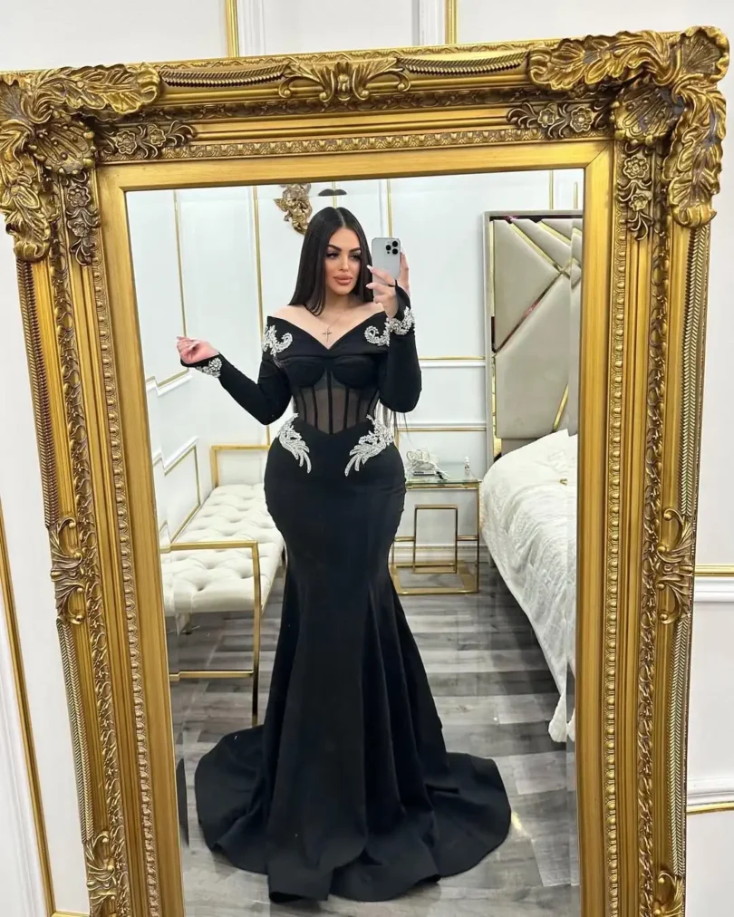 customized Black 3D Flowers Evening Dresses Floor Length Prom Dresses Vestidos De Noches Formal Women Party Gowns - Image 2
