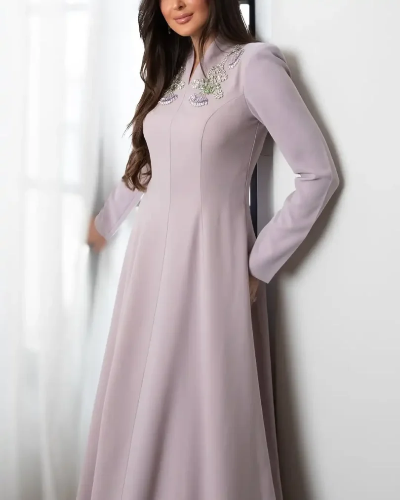 customized Long Sleeevs Prom Dresses V Neck Pleated Beadings Floor Length Vestidos De Fiesta Celebrity Evening Dresses - Image 2