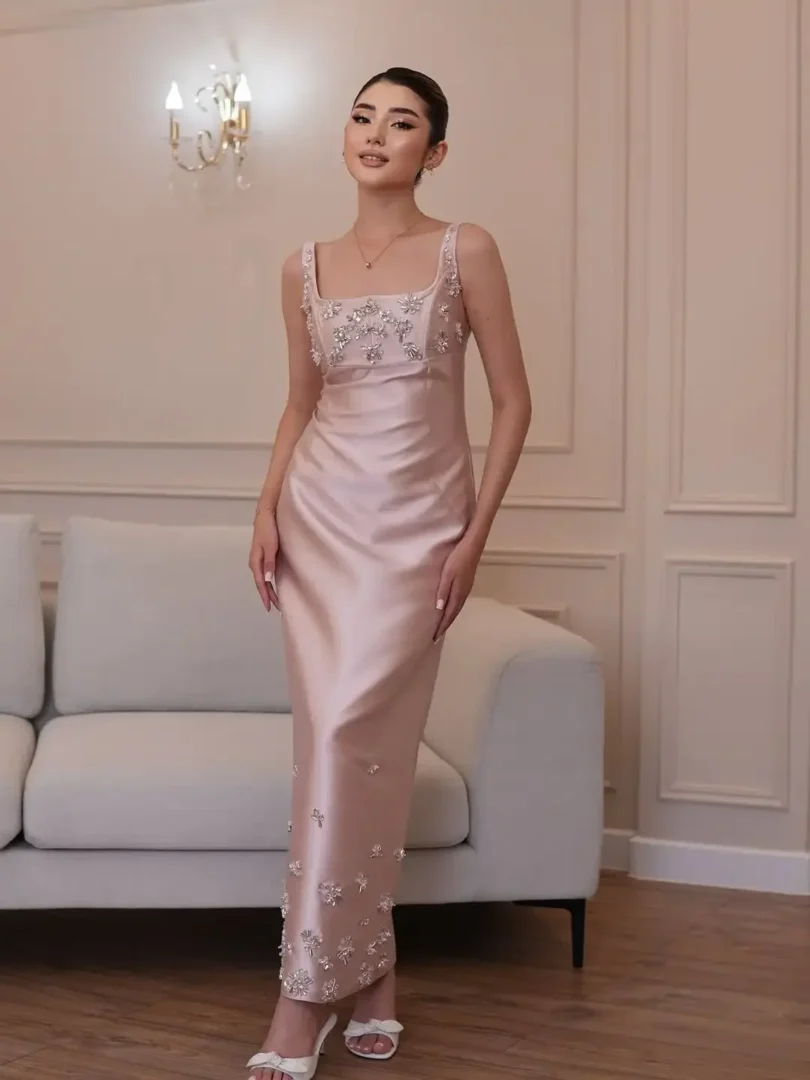 customized Pink Straight Sleeveless Prom Dresses Square Party Pleated Beadings Evening Dresses Ankle Length Party Dresses (