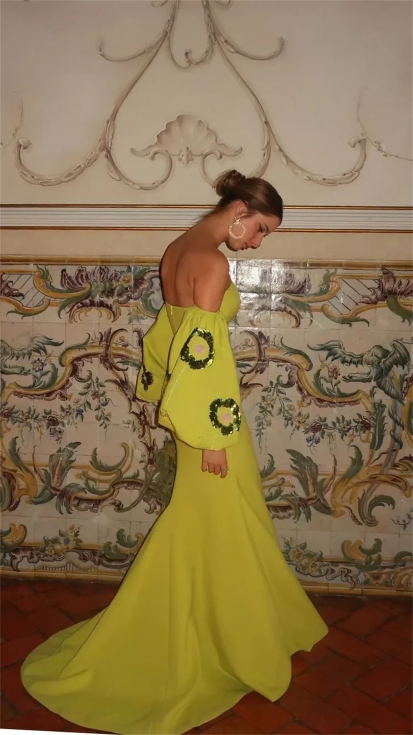 customized Celebrity Prom Dresses Yellow Off Shoulder Puff Sleeve PartyDress Appliques Lip Sheath Sweep Train Evening Dresses - Image 2
