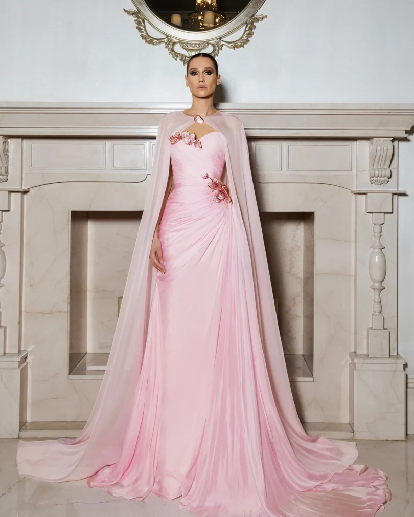 customized Pink Chiffon Sleeves Prom Dresses Birthday Dubai Saudi Arabic Evening Gowns Floor Length Formal Occasion Party Dress