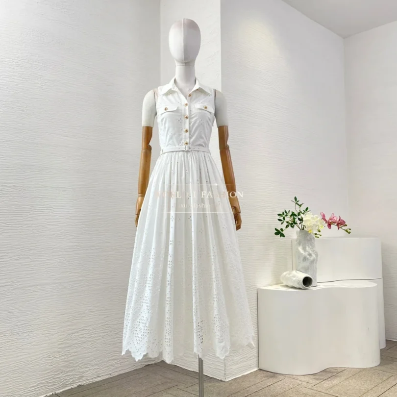 White Sleeveless Embroidery Midi Dress 2025 Top Quality - Image 2