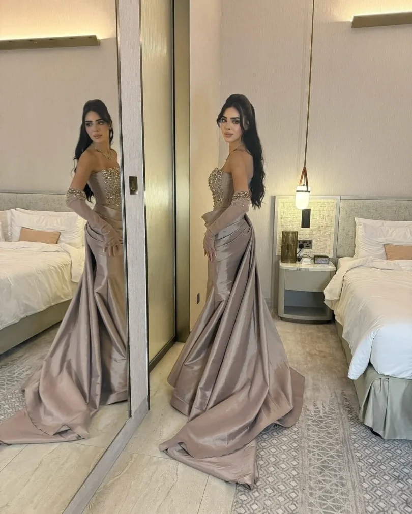 customized Beads Crystals Formal Prom Dresses Strapless-neck Cape Party Gowns Pleated Floor Length Temperament Evening Dresses - Image 3