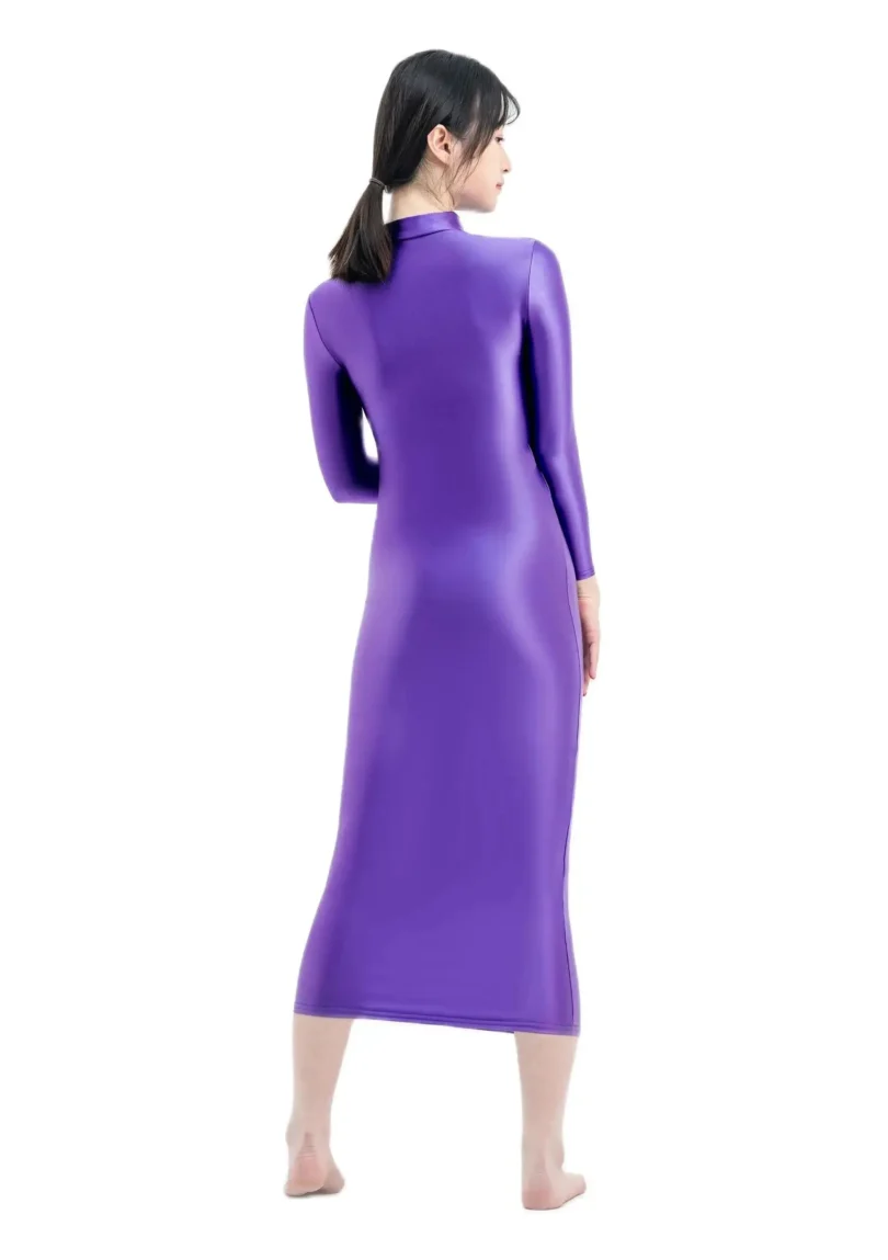XCKNY glossiness series long dress elastic slip glossy tight skirt high neck long sleeve longuette smooth casual skirt - Image 3