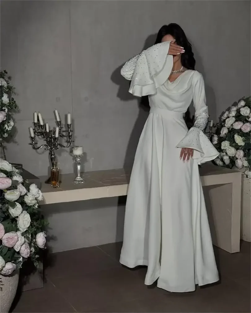 customized Wedding Long Sleeves Prom Dresses Pleated Beadings Evening Dresses Floor Length Party Dresses - Image 2