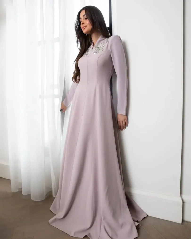 customized Long Sleeevs Prom Dresses V Neck Pleated Beadings Floor Length Vestidos De Fiesta Celebrity Evening Dresses - Image 3