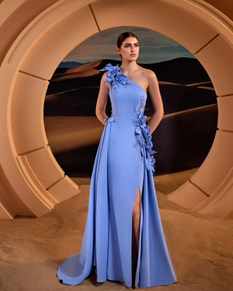 customized One Sleeves Prom Dresses Blue Muslim Evening Dresses Floor Length Sweep Train Robe De Soiree Formal Party Dress