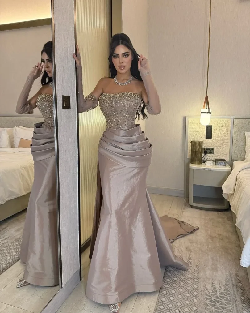 customized Beads Crystals Formal Prom Dresses Strapless-neck Cape Party Gowns Pleated Floor Length Temperament Evening Dresses - Image 4