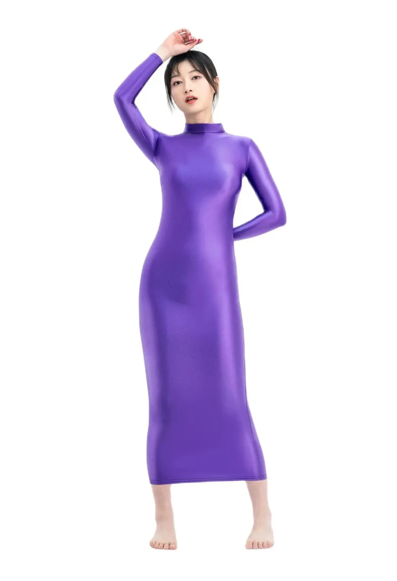 XCKNY glossiness series long dress elastic slip glossy tight skirt high neck long sleeve longuette smooth casual skirt - Image 4
